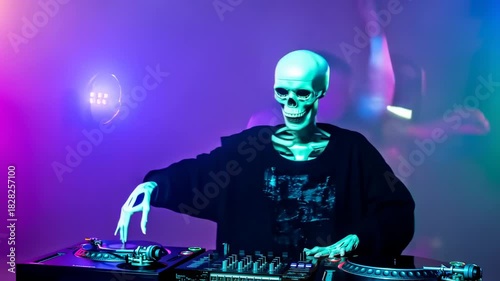 A DJ skeleton with glowing green bones and a black top, performing in a neon blue and purple lit space