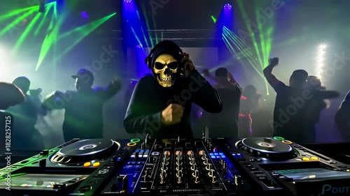 A DJ in a skull mask, with glowing lights and crowd