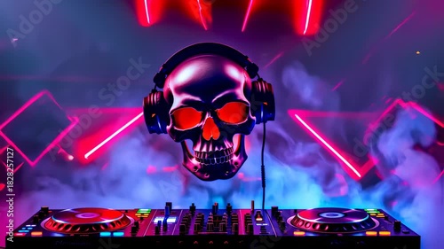 A glowing skull with headphones above a DJ mixer in a smoky, neon-lit environment