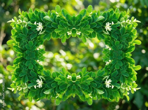A vibrant rectangular frame composed of lush green leaves and delicate white flowers, set against a blurred background.