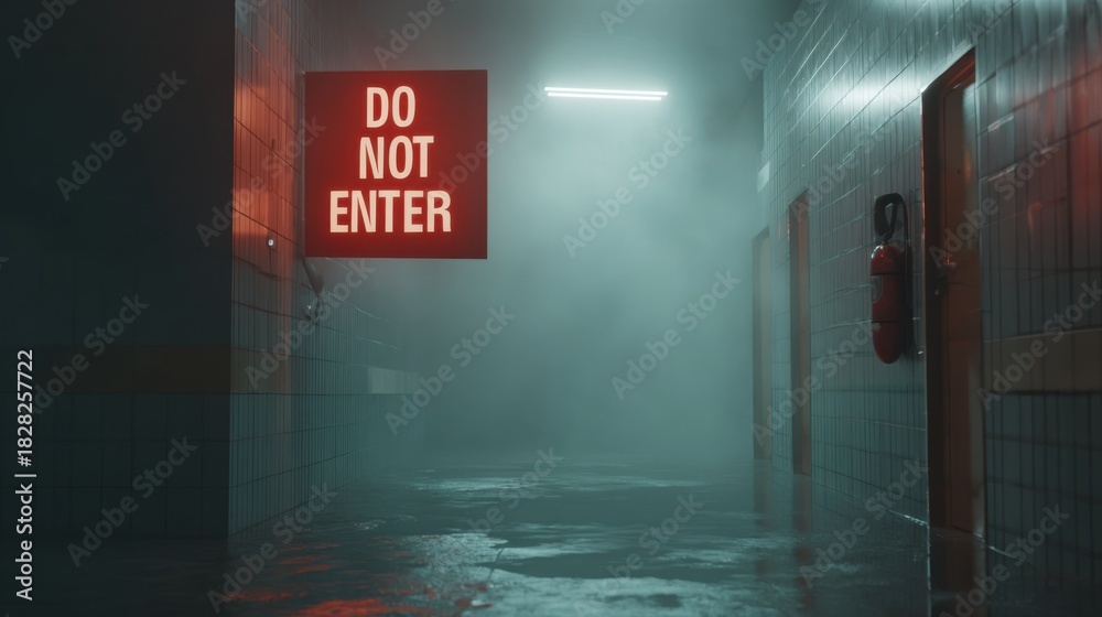 Fototapeta premium Dark corridor with fog and a warning sign against entering the area at a deserted building