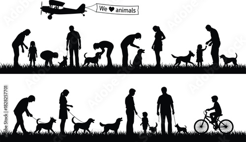 A diverse group of people walking, playing, and interacting with their happy dogs outdoors on grass, celebrating the love for animals vector illustration