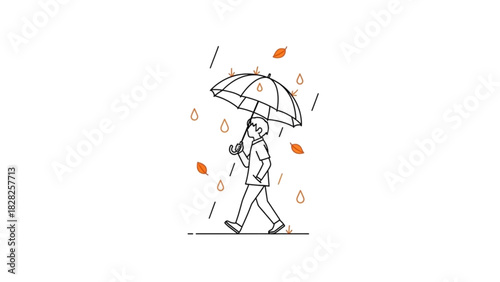 Illustration of person walking in the rain with umbrella and falling leaves autumn weather concept art