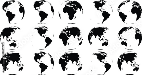A complete set of fifteen black vector globe silhouettes showing the Earth rotating on its axis, useful for international business, global communication, and geographic illustration