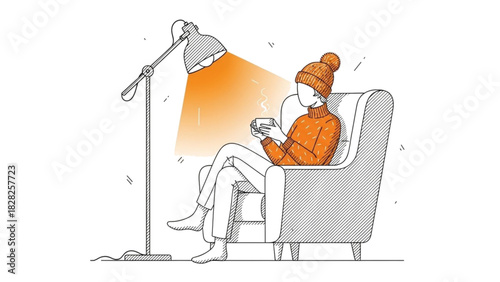Illustration of cozy winter scene with person relaxing in chair under lamp with warm drink indoors