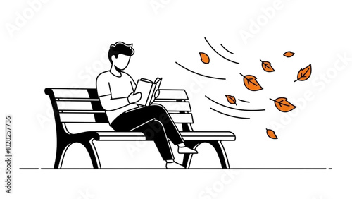 Illustration of man reading book on bench in autumn with falling leaves for relaxation concept