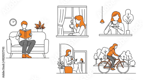 Daily life activities illustration vector art of reading drinking coffee working and riding bike lifestyle 100