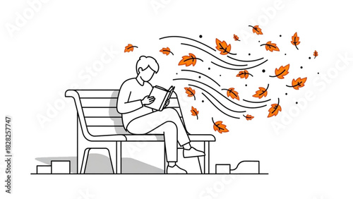 Reading in the park bench during autumn with leaves blowing in the wind fall season illustration