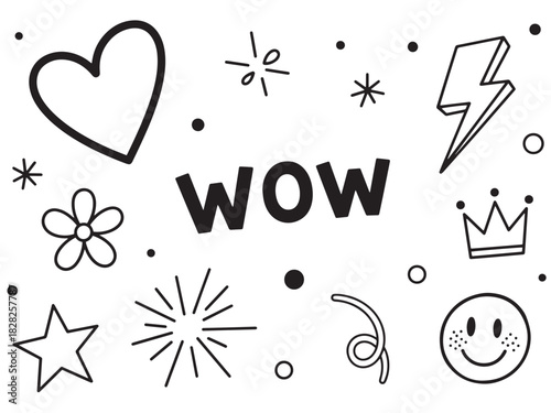 Lively Doodle Icons. Lively doodle set with icons such as hearts, crowns, and lightning bolts, accompanied by expressive words like 'wow' and 'good'. Each element is. Vector illustration