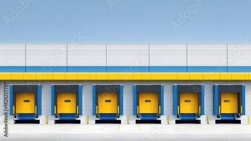 Warehouse loading area with bright yellow dock doors under clear blue sky