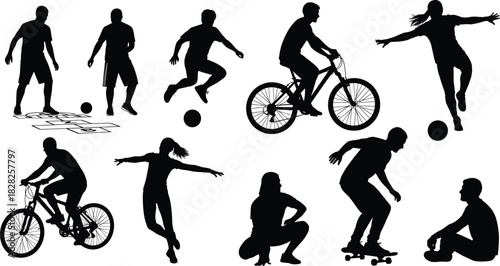 A diverse set of ten black vector silhouettes illustrating various recreational outdoor activities including cycling, skateboarding, jumping, and playing with balls, promoting healthy lifestyle