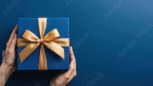 Top view of hands holding a richly textured deep blue gift box tied with a wide shimmering gold ribbon and bow, set against a solid dark blue background with ample copy space for text
