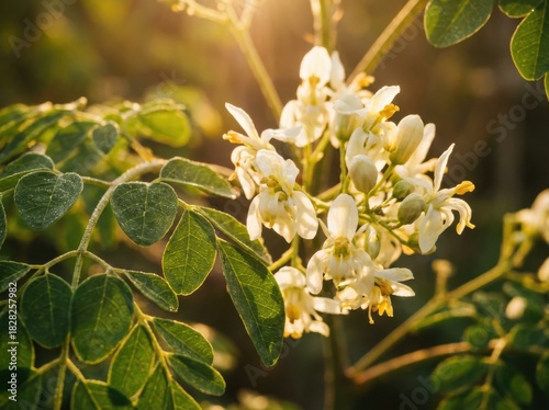 Close-up of a cluster of delicate white moringa flowers blooming in sunlight, surrounded by green leaves.