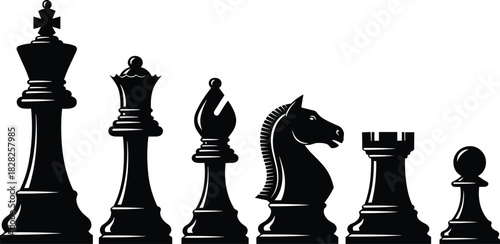 Black chess pieces silhouette vector illustration set, showing King, Queen, Bishop, Knight, Rook, and Pawn, arranged side-by-side, representing strategy, intelligence, and business success concept