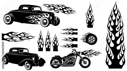 Silhouettes. Vintage hot rods and flames. Vector illustration, transparent background SVG version.