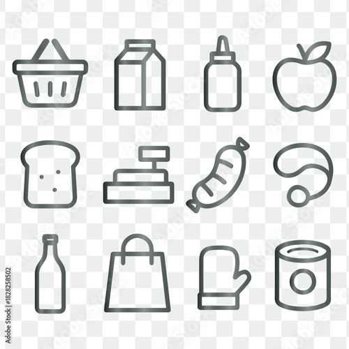 Grocery Food Items and Shopping Icons Set, Featuring Fruits, Vegetables, Cans, Jars, Baskets, Bread, and Meats