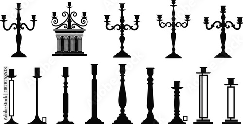 Candelabra silhouette, candle holder vector, vintage decor, antique lighting, ornate design, black illustration, classical style, interior accessory, elegant shadow art