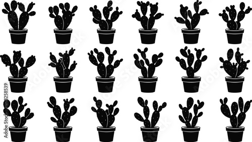 Cactus silhouette illustration, potted plant icons, desert flora art, minimal cactus design, black cactus vector, stylized succulent graphics