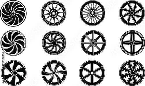 Car wheel rim collection, modern spoke designs, automotive customization, alloy styles, vehicle accessories, black background, blue outline, stylish engineering, performance focus