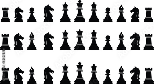 Chess pieces, black silhouette, strategy game, symmetrical layout, board setup, knight, rook, bishop, pawn, king, queen, abstract design