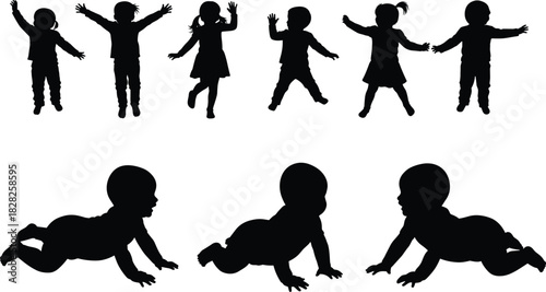 Children silhouette, crawling baby, toddler movement, early development, childhood growth, black outline, playful kids, vector pose, isolated figures, education