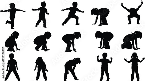 Children silhouette, playful kids, dynamic poses, active children, childhood movement, expressive posture, fun activity, black outline, energetic youth, motion freeze