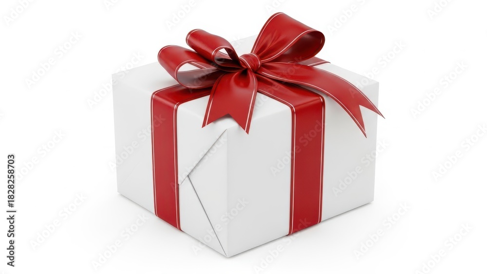 Obraz premium A white gift box wrapped with a bright red ribbon and a large bow, isolated on white background