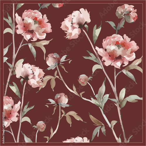 Abstract hijab design in vector with 50 inch square size scarf, silk scarf, peony design	