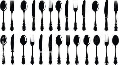 Cutlery silhouette pattern, black utensils, fork knife spoon, decorative handles, kitchen tools, grid layout, vertical orientation, blue outline, artistic contrast