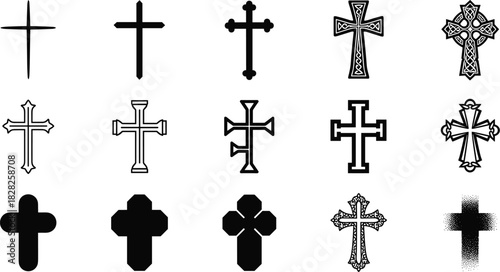 Cross icon set, religious symbols, Christian design, spiritual art, cultural heritage, vector illustration, graphic elements, ornate, minimal, decorative