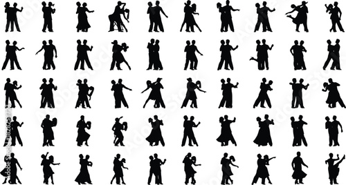 Dancing couples silhouette, ballroom movement, romantic pose, dance steps, elegant gesture, black figures, expressive motion, partner interaction, choreography art, stylish pattern