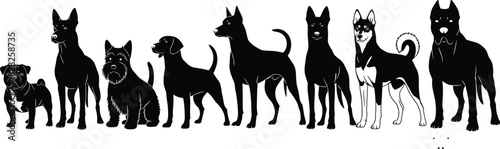 Dog breed silhouettes, black and white lineup, canine vector illustration, pet comparison chart, stylized animal design, forward-facing dog poses