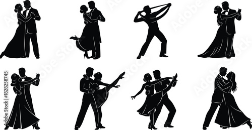 Dance, silhouette, couple, performance, elegant, ballroom, motion, rhythm, romantic, artistic, graceful, formal, black, white, pose, movement, stylish, dramatic, expressive, synchronized