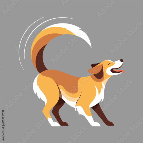 An adorable cartoon illustration of a happy dog in a playful pose wagging its tail with excitement
