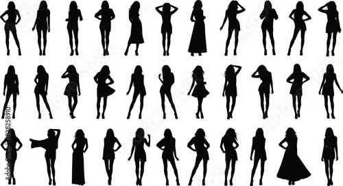 Female silhouette, fashion pose, dress style, model posture, black outline, elegant woman, standing figure, artistic reference, character design, fashion concept