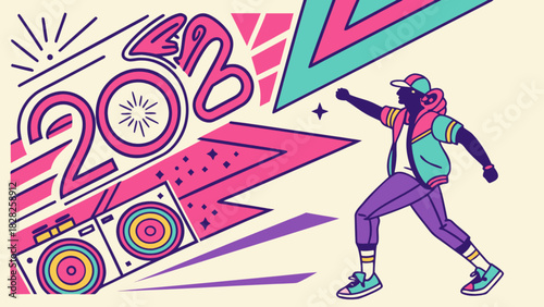 Illustration featuring a dancer, dj equipment, and geometric shapes in a retro style graphic design