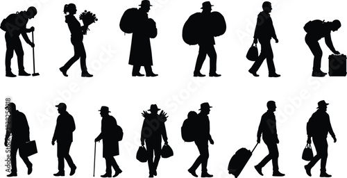Black silhouette vector illustration collection of various people walking and traveling, including hikers, travelers with luggage, and casual pedestrians, 