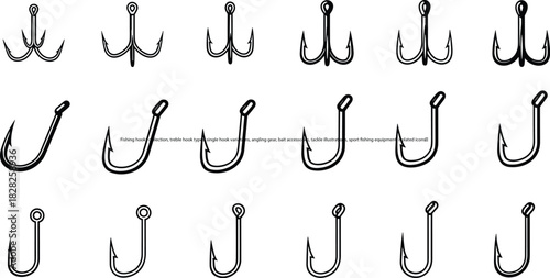 Fishing hooks collection, treble hook types, single hook variations, angling gear, bait accessories, tackle illustrations, sport fishing equipment, isolated icons