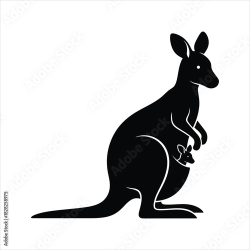 Silhouette of a mother kangaroo with joey in pouch, simple black and white design