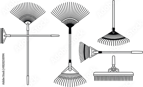 Garden rake collection, landscaping tools, leaf cleanup, soil preparation, yard maintenance, metal tines, gardening equipment, outdoor work, tool variety