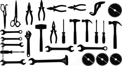 Hand tools, cutting tools, pliers, wrenches, screwdrivers, hammers, saw blades, utility knife, pipe cutter, carpentry, mechanical, electrical, silhouette, grid, organized, black, blue, stylized