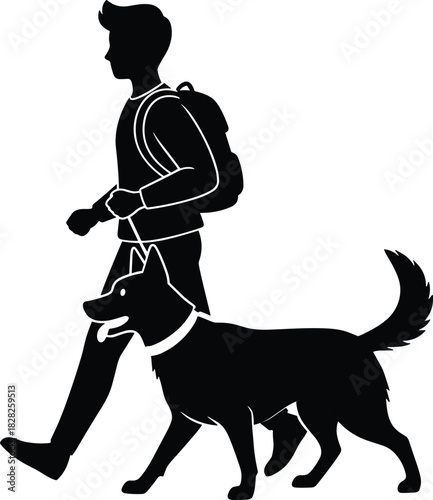 Dog walking silhouette, person with backpack, outdoor pet activity, companionship gesture, black vector graphic, minimal design, motion pose, leash icon
