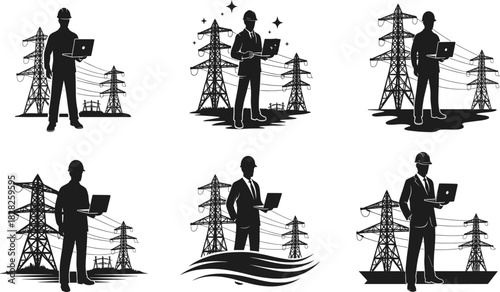 Electric power engineer standing with laptop near high voltage transmission towers, energy infrastructure inspection concept in professional silhouette illustration, technology
