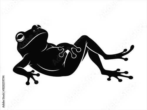 Stylized black and white vector illustration of a relaxed lounging frog on its back