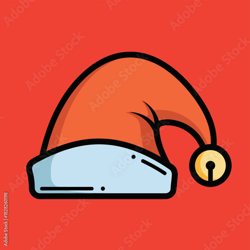 Vibrant cartoon illustration of a classic red Santa hat with a white brim and a golden bell, set against a festive red background.