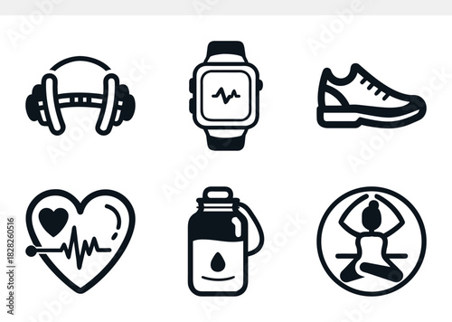 Fitness and wellness icon set isolated on, showcasing dumbbell, smartwatch, shoe, water bottle, and yoga pose in a clean, minimalist style