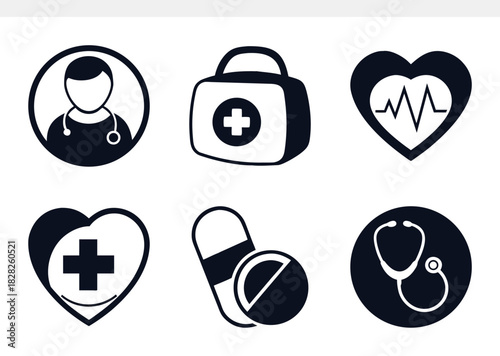 Medical and healthcare icon set isolated on, featuring doctor, first aid kit, heart, pills, and stethoscope in a simple, modern design