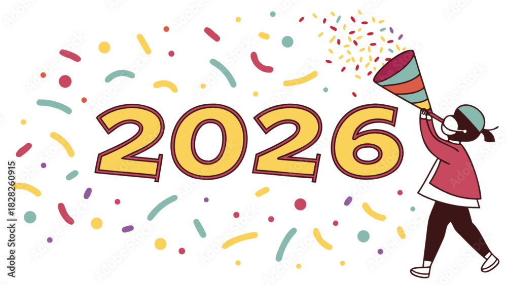 Fototapeta premium Illustration of person blowing party horn with confetti and the year two thousand twenty six shown