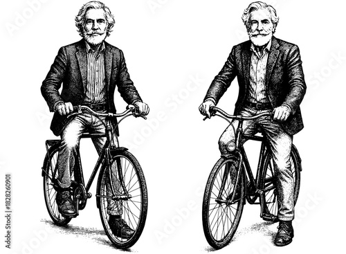 Elderly Man Riding Bicycle, Vintage Engraving Illustration, Active Senior Lifestyle Black and White Vector
