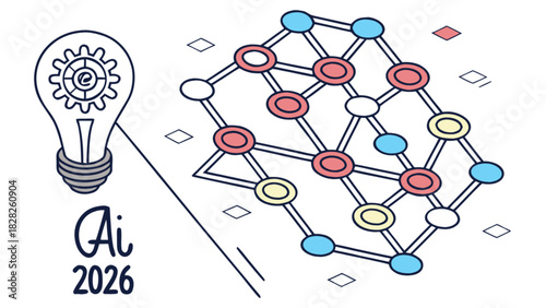 Illustration of ai concept with lightbulb gear and network nodes for year twenty twenty six